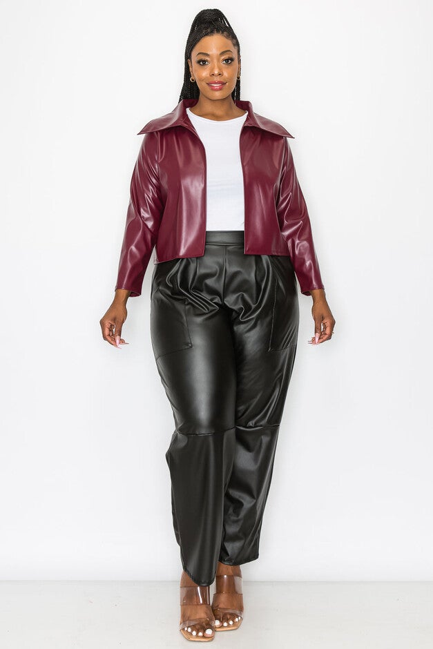 RYDER CROP VEGAN LEATHER JACKET, Burgundy / Burgundy, hi-res image number 0