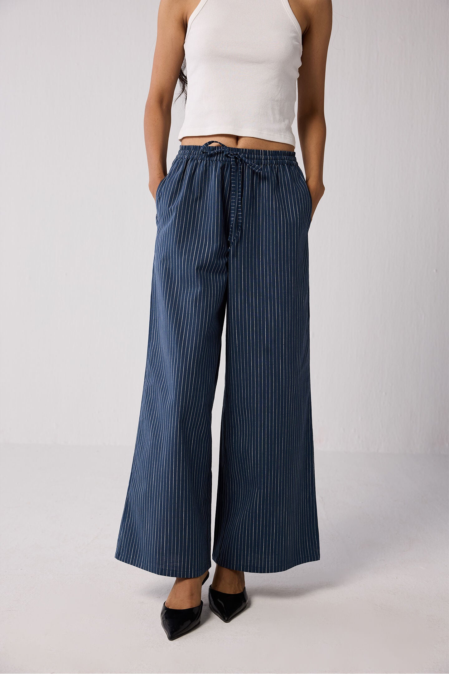 Wide-leg Drawstring Pants with Navy and White Stripes in Blue, Twilight Tracks / Navy, hi-res image number 0