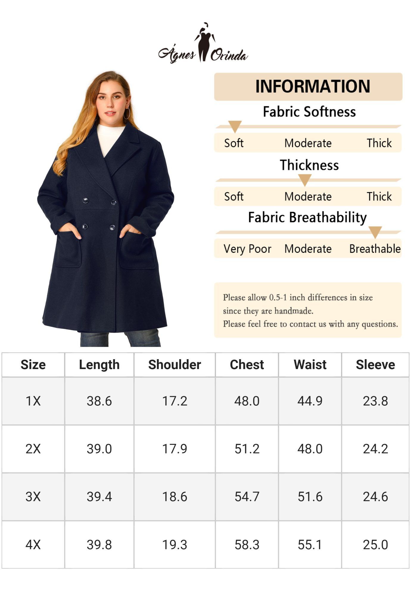 NOTCH LAPEL DOUBLE BREASTED PEA TRENCH COAT, Navy Blue / Navy, alternate image number 4