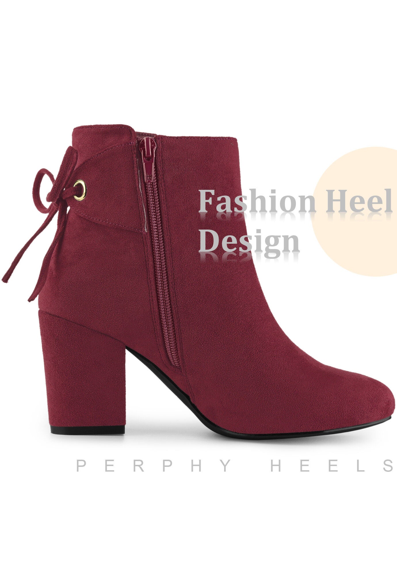 Round Toe Lace Up Back Chunky High Heels Ankle Boots, Burgundy / Burgundy, alternate image number 2