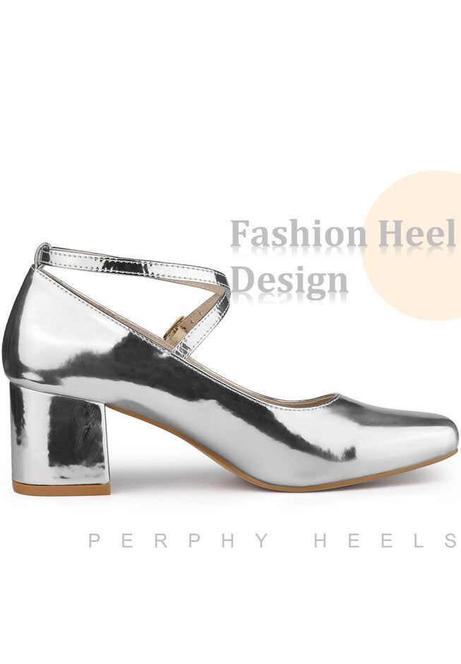 Mary Jane Square Toe Heels Pumps, Silver / Silver, alternate image number 2