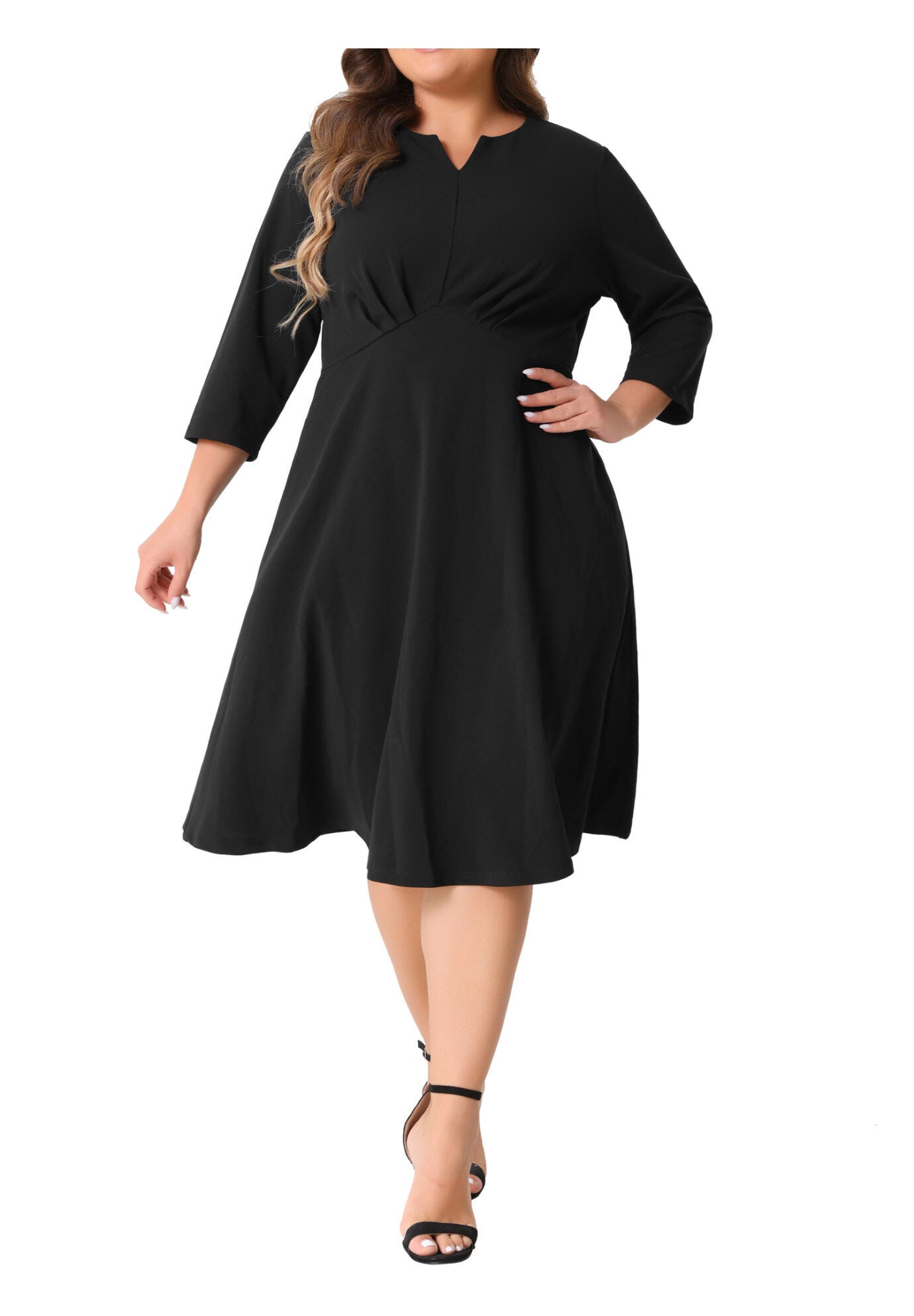 Notched V Neck 3/4 Sleeve A-Line Midi Dress, Black / Black, alternate image number 1