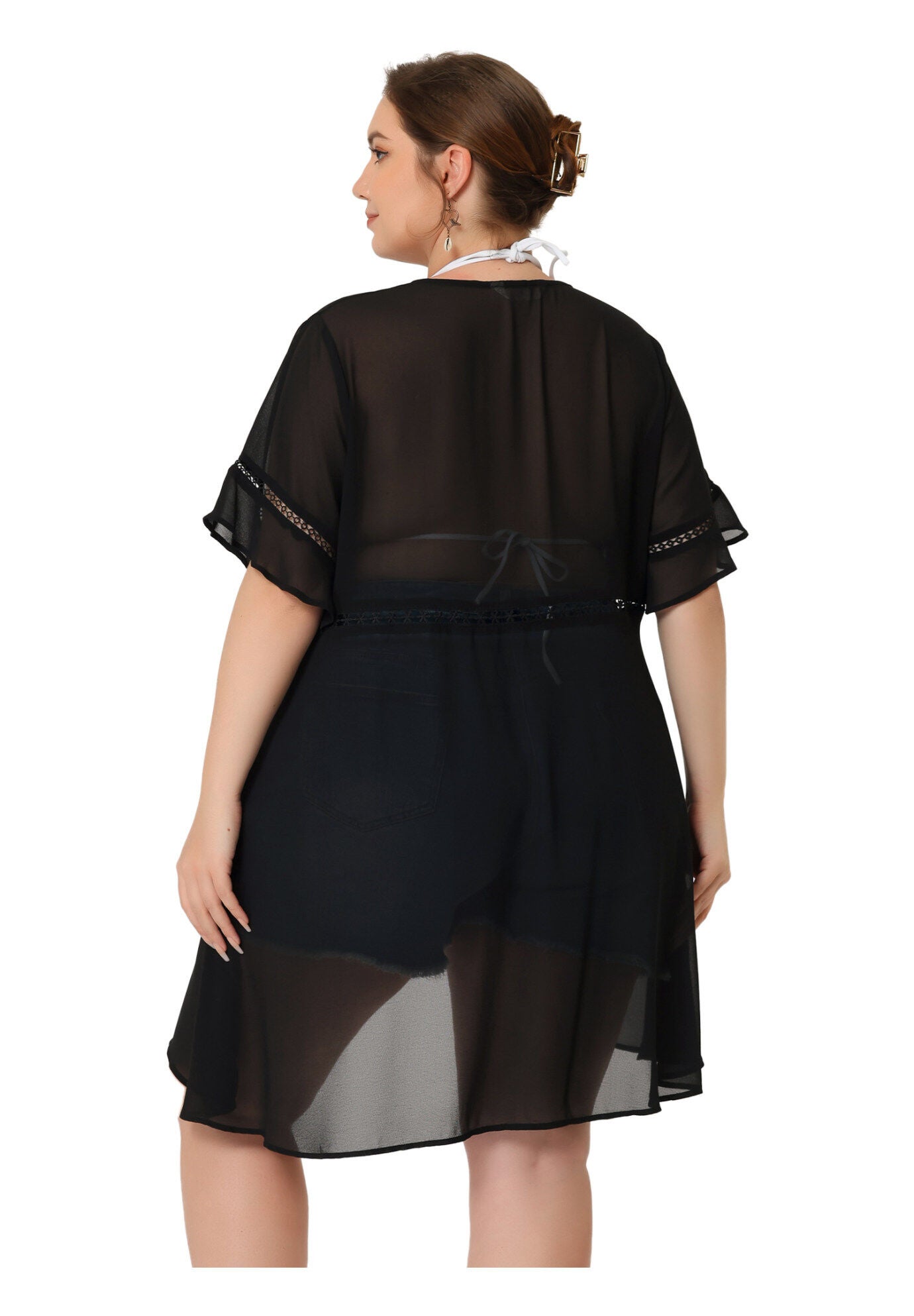 BIKINI COVER UP SHORT SLEEVE TASSEL TIE WAIST KIMONO, Black / Black, alternate image number 3