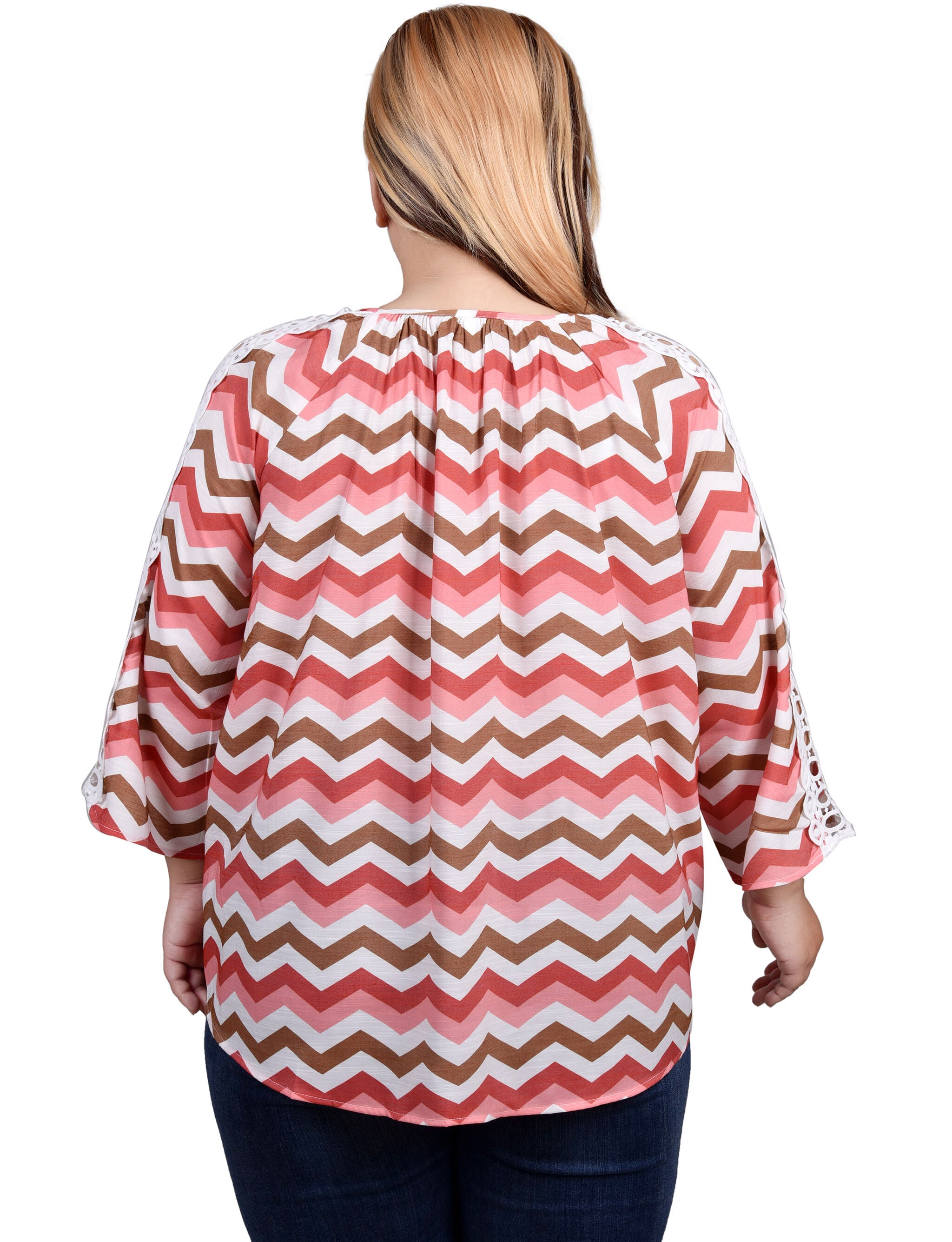 3/4 Sleeve Crochet Detail Blouse, Pink Wht Chevron / pink, alternate image number 1