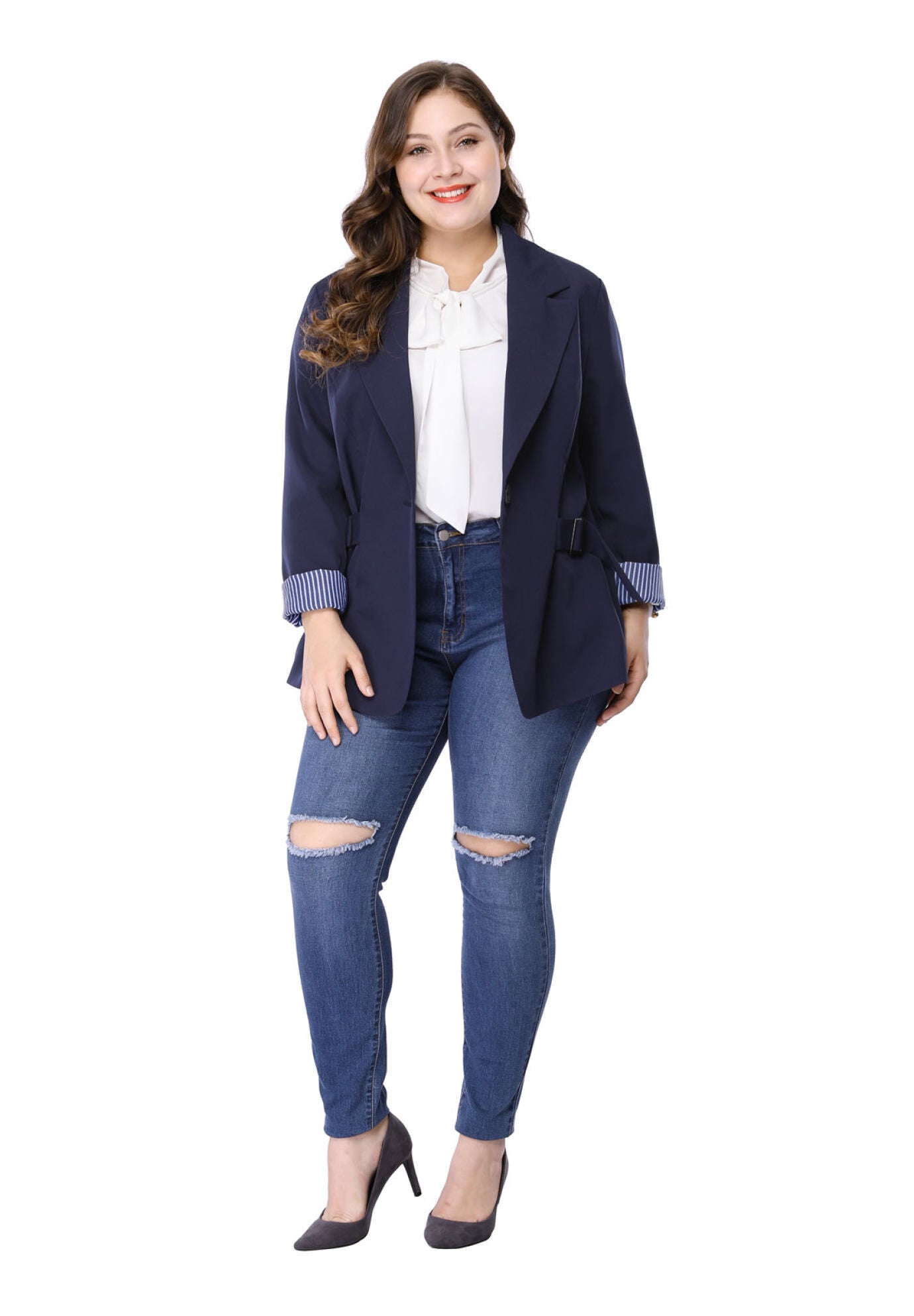 CONTRAST STRIPE CUFF NOTCHED LAPEL BLAZER, Blue / Navy, alternate image number 3