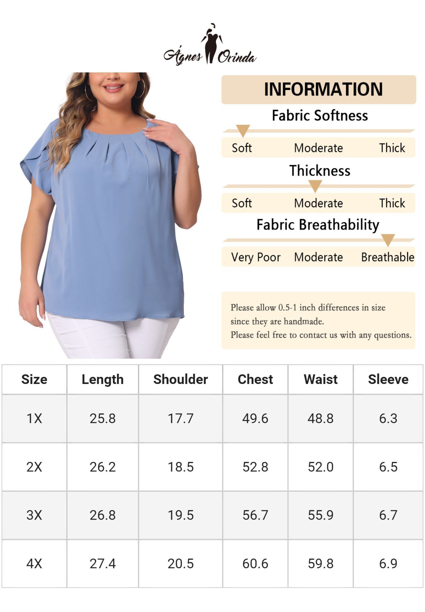 Round Neck Pleated Top Tulip Sleeves Blouse Top, Blue / Cornflower Blue, alternate image number 4