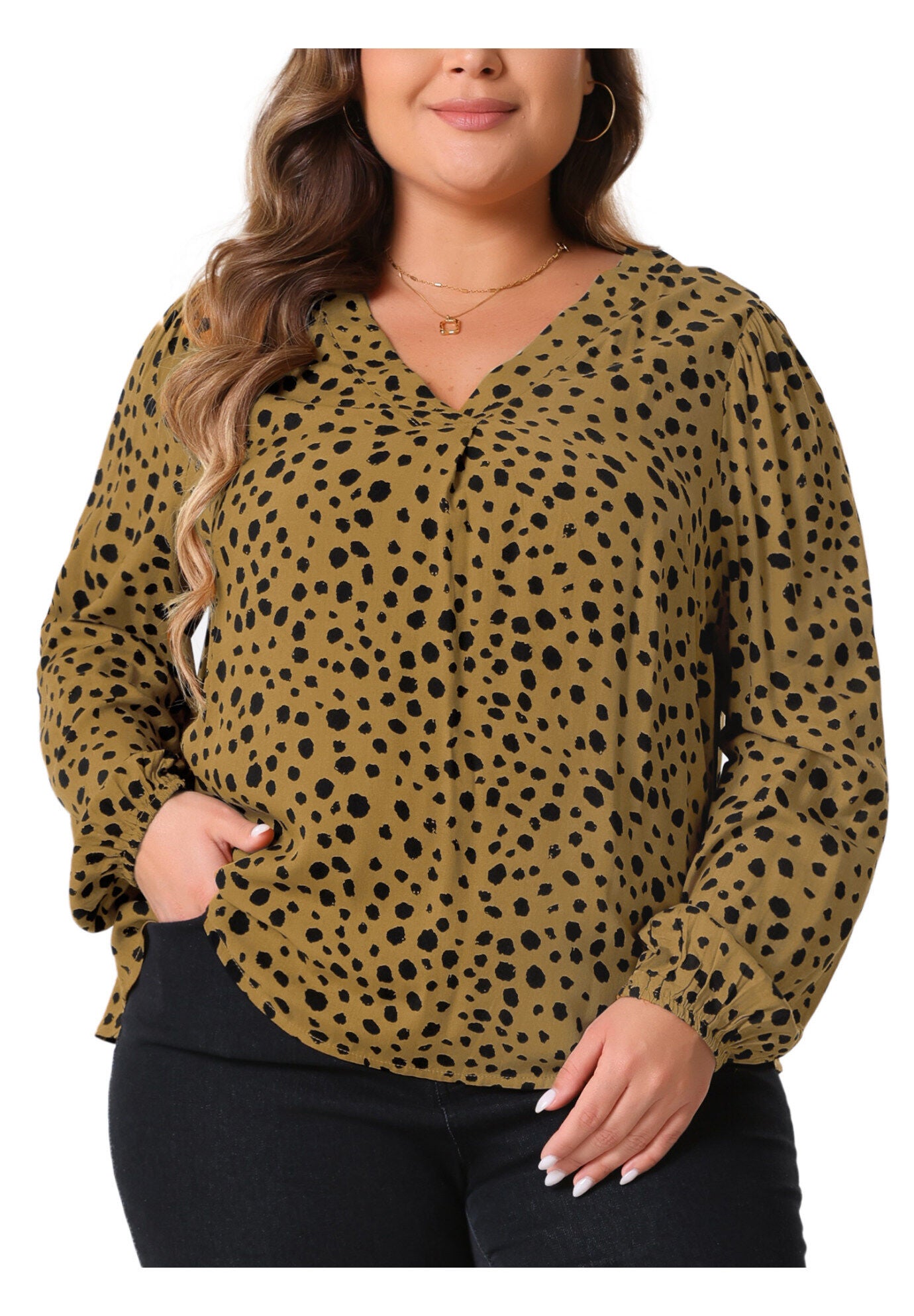 Polka Dot V Neck Long Sleeve Blouse Shirt, Brown / Brown, alternate image number 2