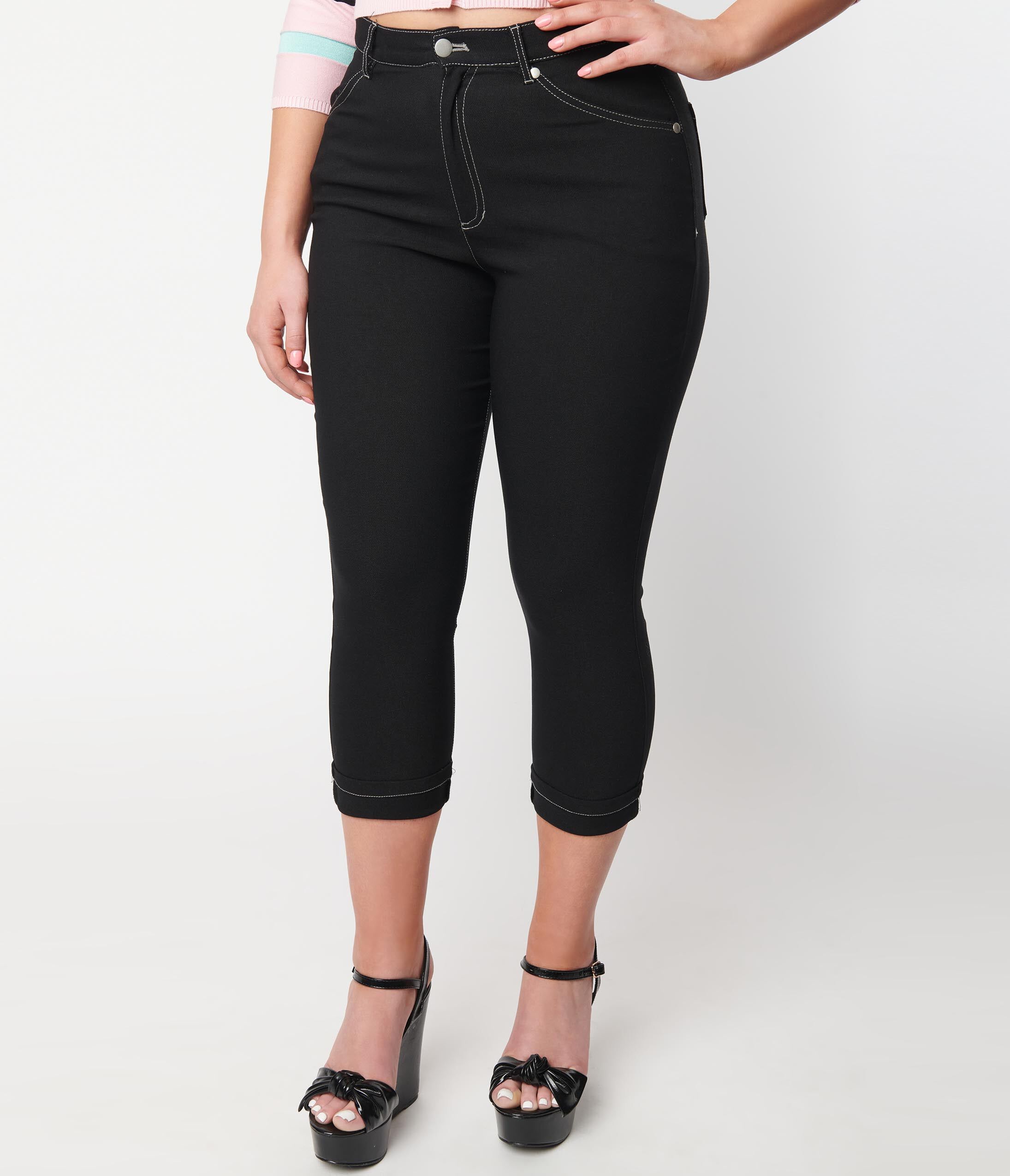 Unique Vintage Black Denim Bengaline Capris, , alternate image number 6