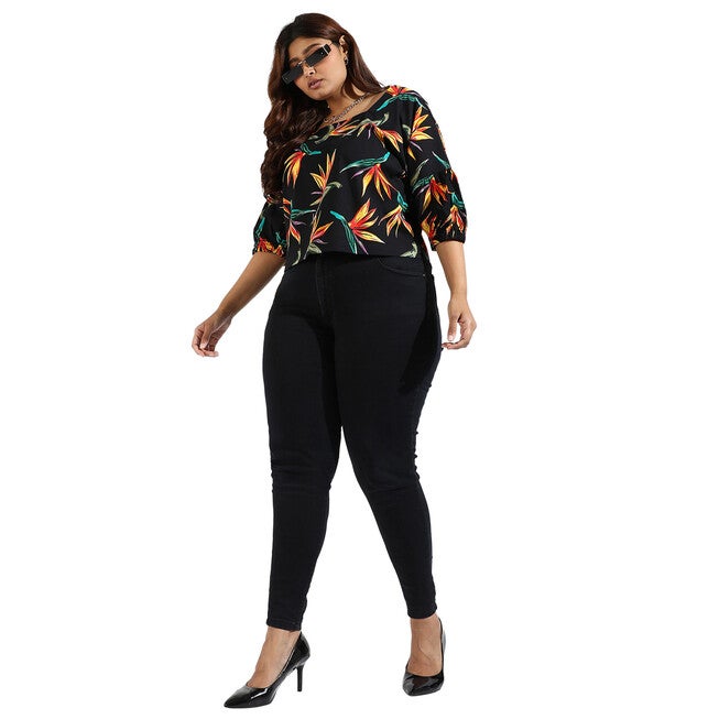 Women Tropical Design Casual Top, Black / Black, alternate image number 1