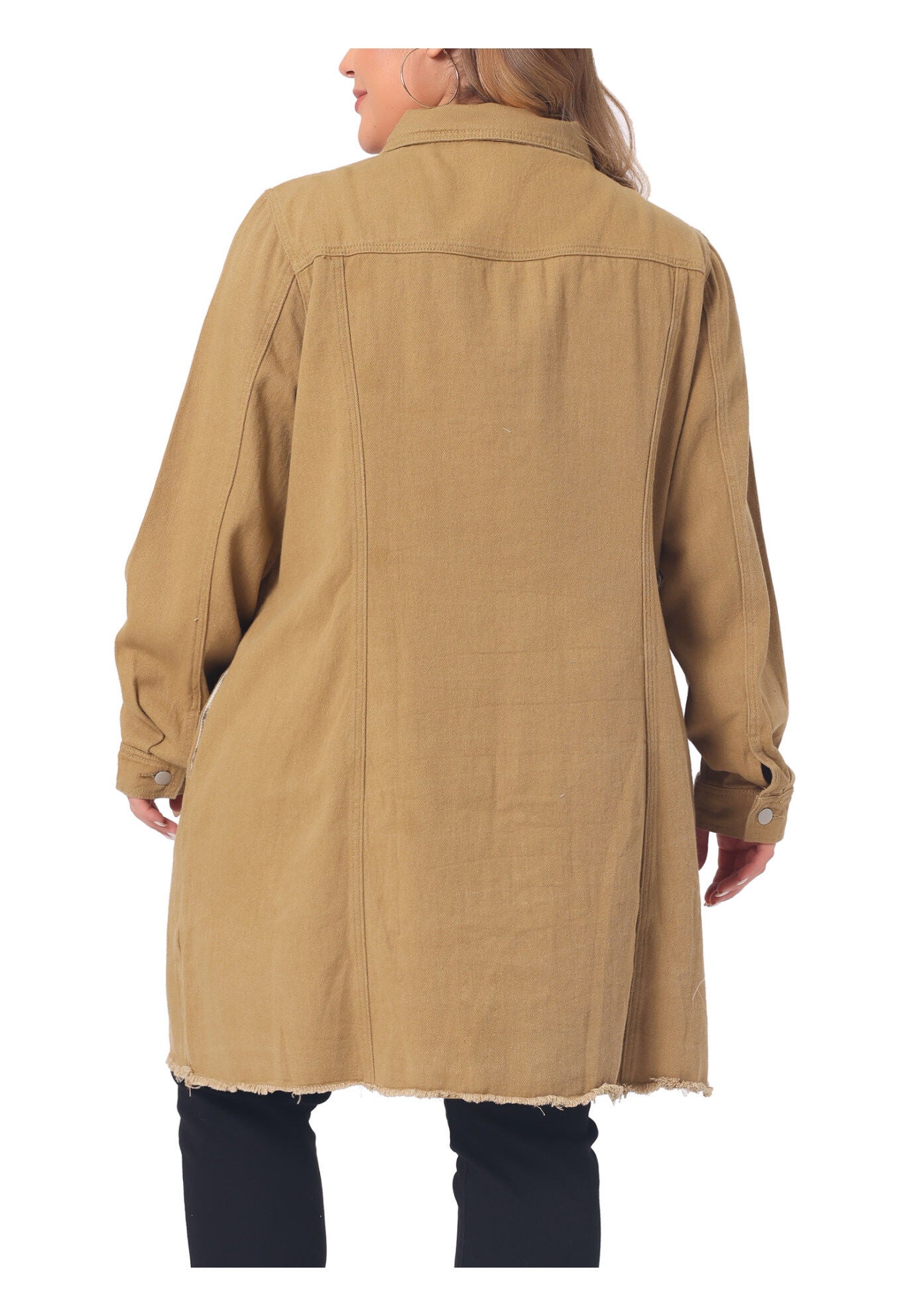 DISTRESSED BUTTON UP POCKET LONG DENIM JACKET, Khaki / Tan, alternate image number 2