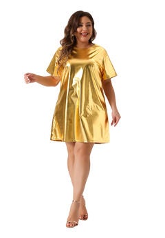 Metallic Round Neck Short Sleeve Loose Mini T-Shirt Dress