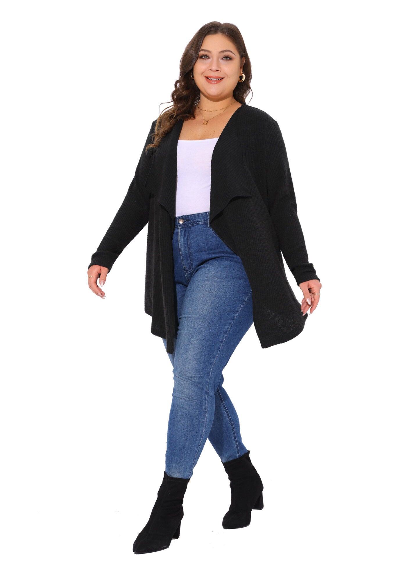 OPEN FRONT IRREGULAR HEM CARDIGAN WITH POCKETS, Black / Black, hi-res image number 0