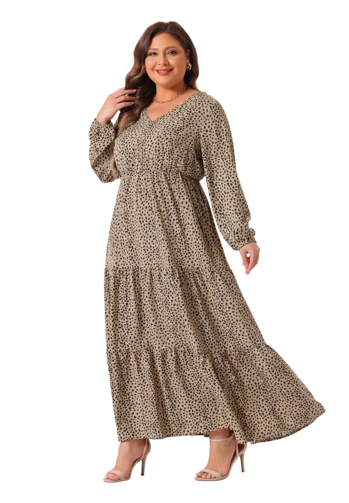 Printed Long Maxi Dress Lantern Sleeve Ruffle Hem Flowy Boho Dress, Khaki / Brown, hi-res image number 0