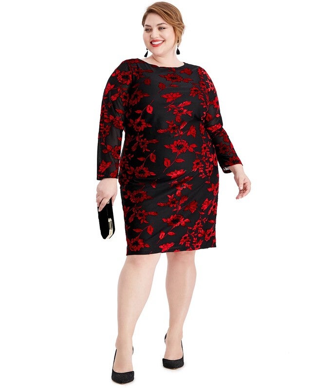 Jessica Howard Women's Plus Size Embellished Floral Burnout Dress Charcoal Size 22W, Gray / Charcoal Grey, hi-res image number 0