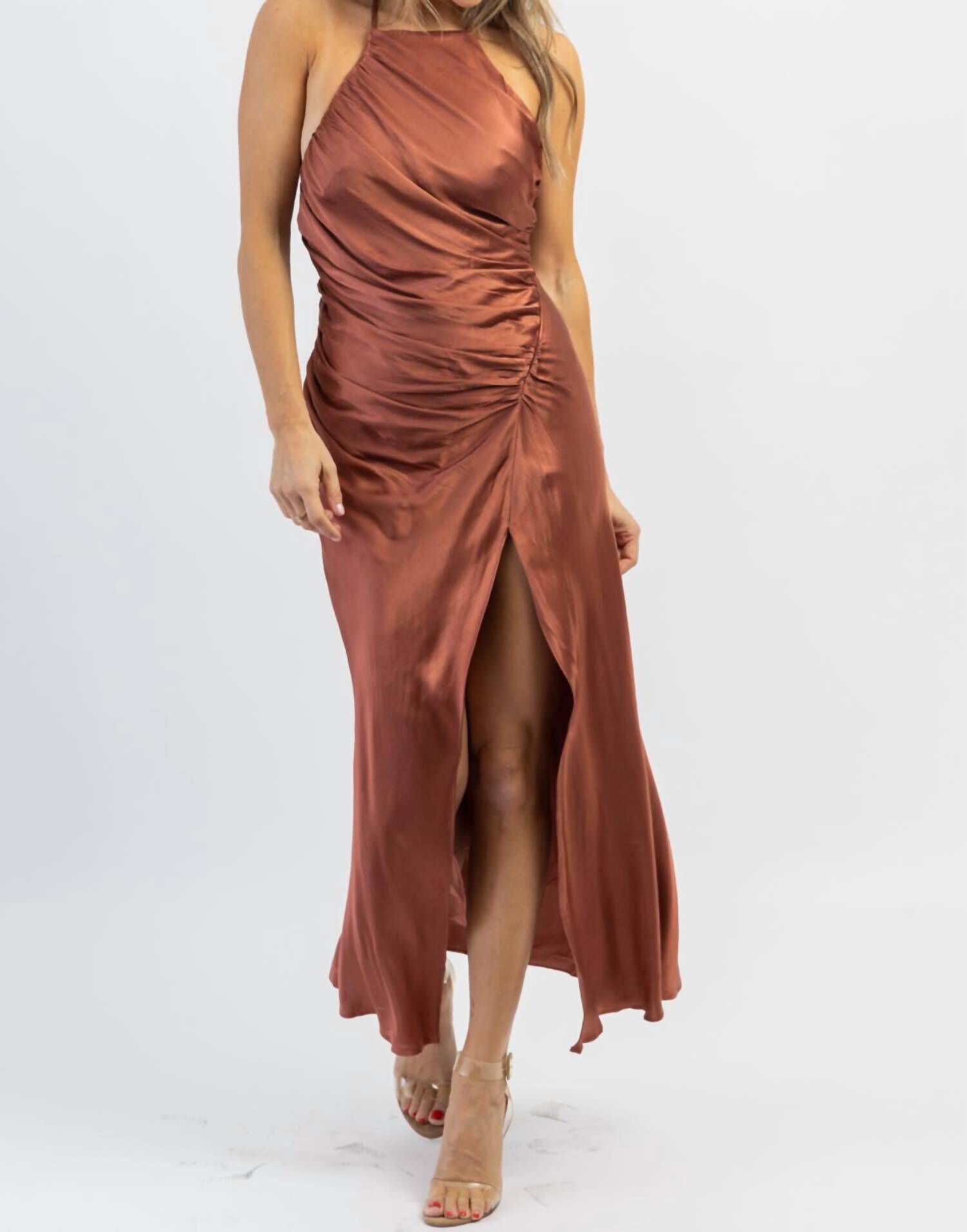 BILTMORE SATIN SHIRRING DRESS IN RUST, , alternate image number 7