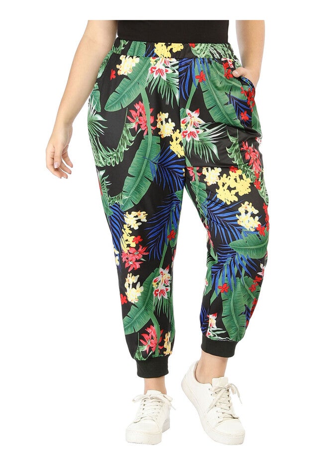 TROPICAL FLORAL HAREM JOGGER PANTS, Black / Black, alternate image number 1