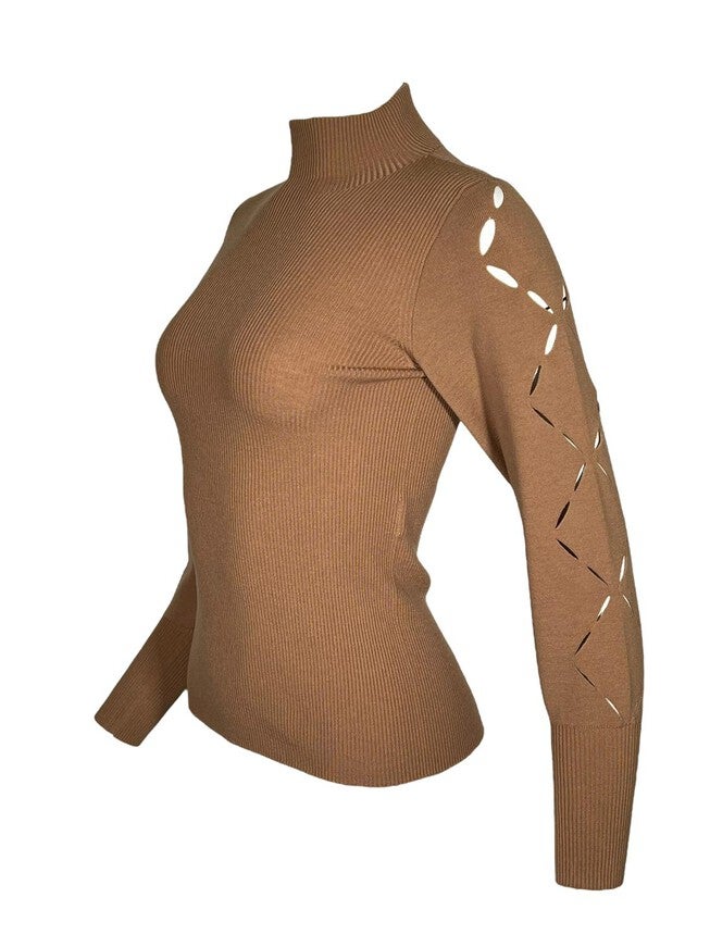 LASER CUT STRETCH MERINO SWEATER, Camel / Brown, alternate image number null