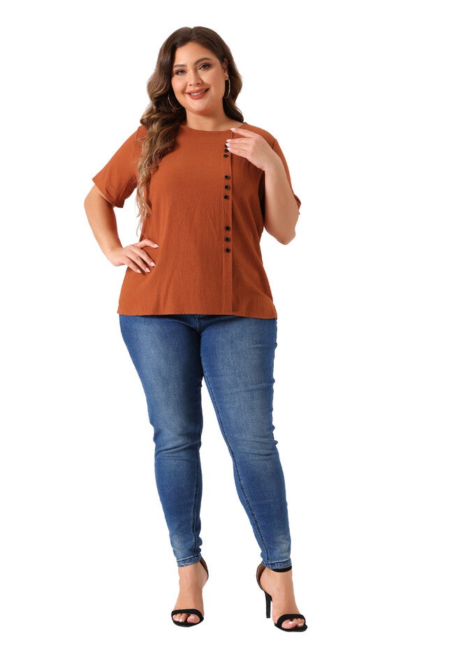 Short Sleeve Round Neck Cotton Linen T-Shirt Top, Brown / Brown, hi-res image number 0