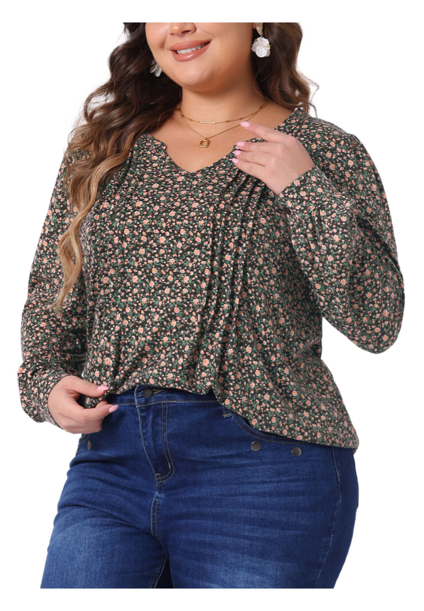 Long Sleeve Pleated Notch V Neck Floral Tunic Blouse, Brown Orange / Orange, alternate image number 1