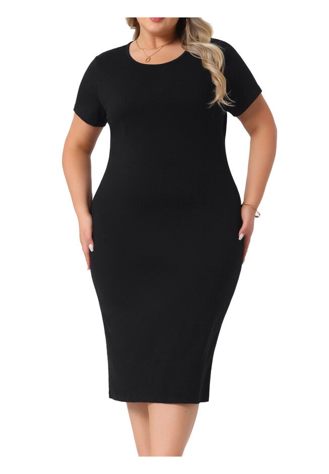 Short Sleeve Crew Neck Casual Midi Bodycon Casual T Shirt Dress, Black / Black, alternate image number 3