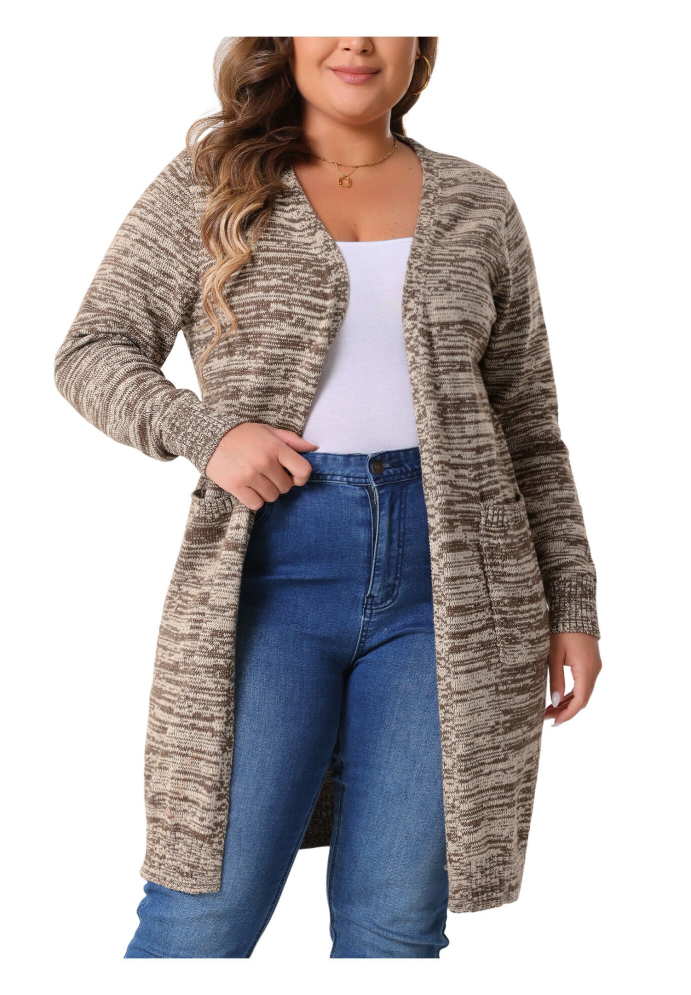 CONTRAST COLOR OPEN FRONT POCKETS SWEATER CARDIGAN, Coffee / Brown, alternate image number 1