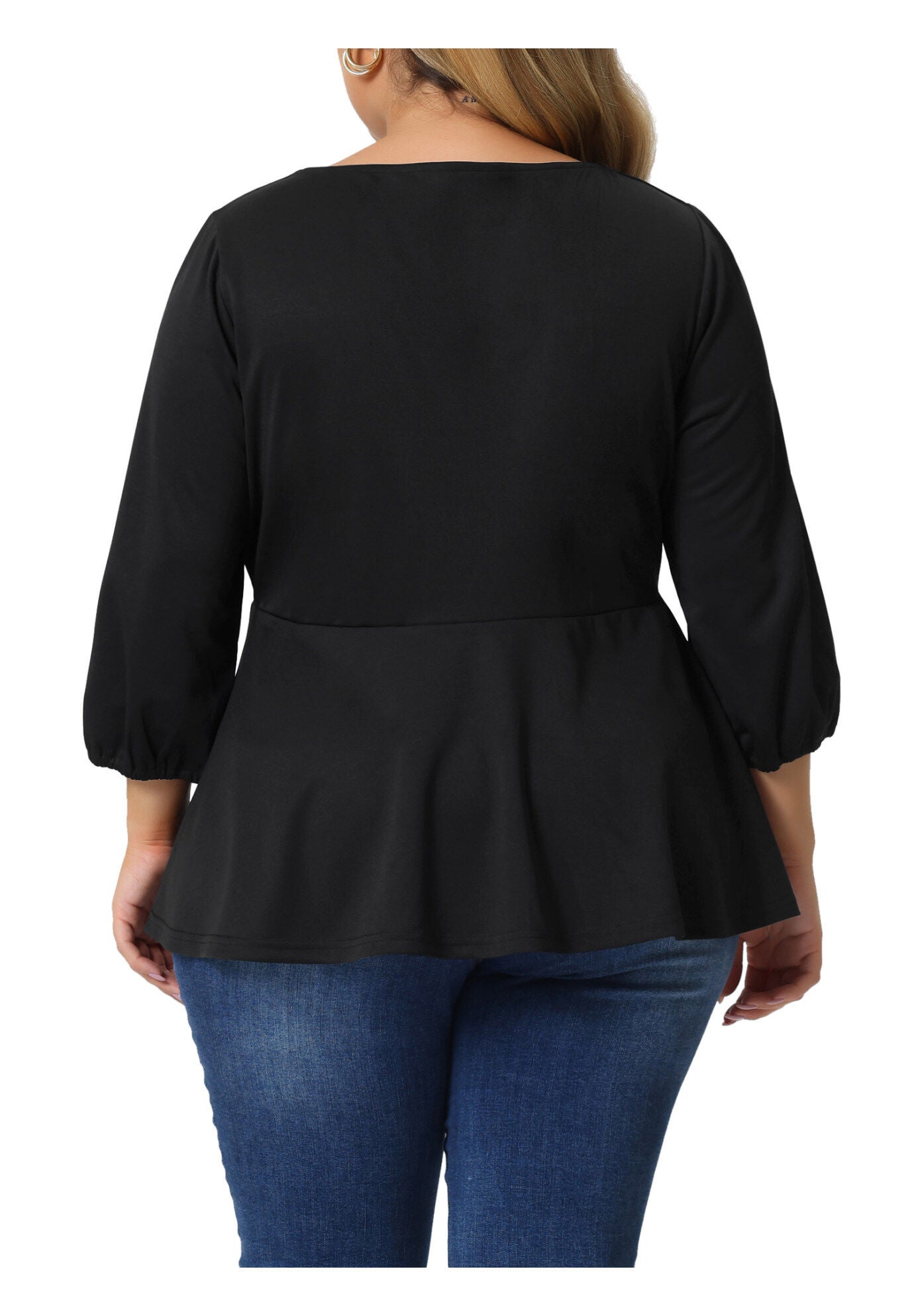 SWEETHEART V NECK ELBOW SLEEVE FRONT RUCHED PEPLUM BLOUSE, Black / Black, alternate image number 3