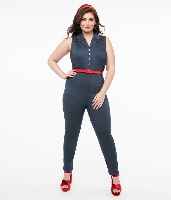 Unique Vintage Blue Denim & Red Belt Skinny Jumpsuit, , alternate image number null