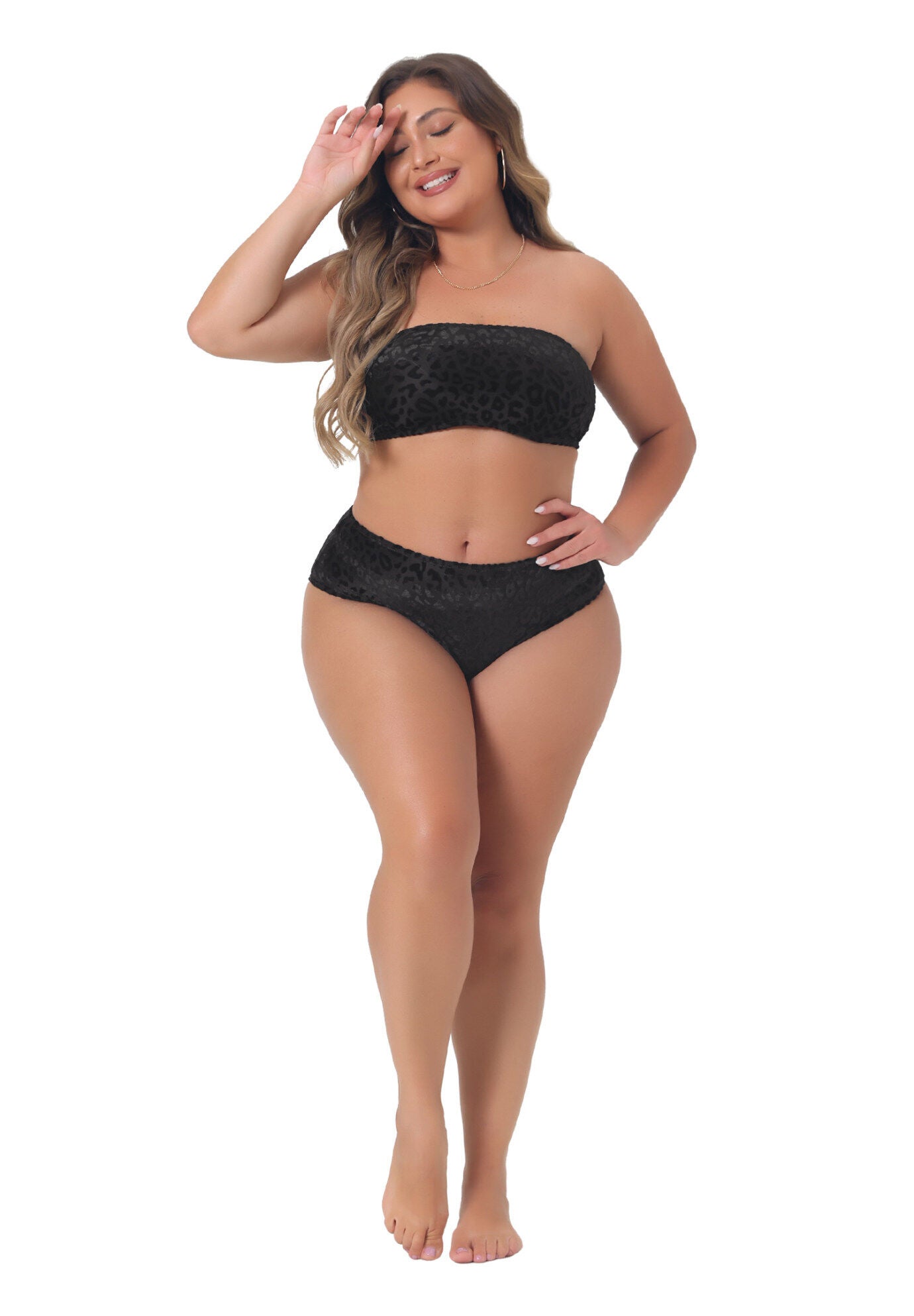 2 Piece Bandeau Bikini Velvet Leopard High Waisted Swimsuit, Black / Black, hi-res image number 0