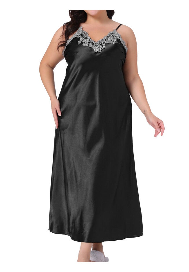 Satin Lingerie Slips Chemise Maxi Nightdress, Black / Black, alternate image number null