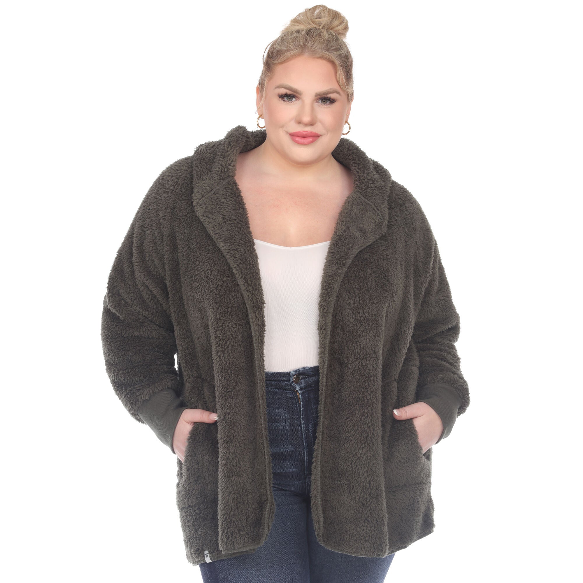 Plush Hooded Cardigan with Pockets, Army Green / Olive Green, hi-res image number 0