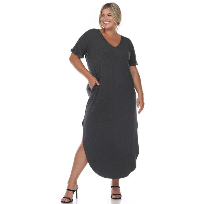 Short Sleeve V-neck Maxi Dress, Charcoal / Charcoal Grey, alternate image number 2
