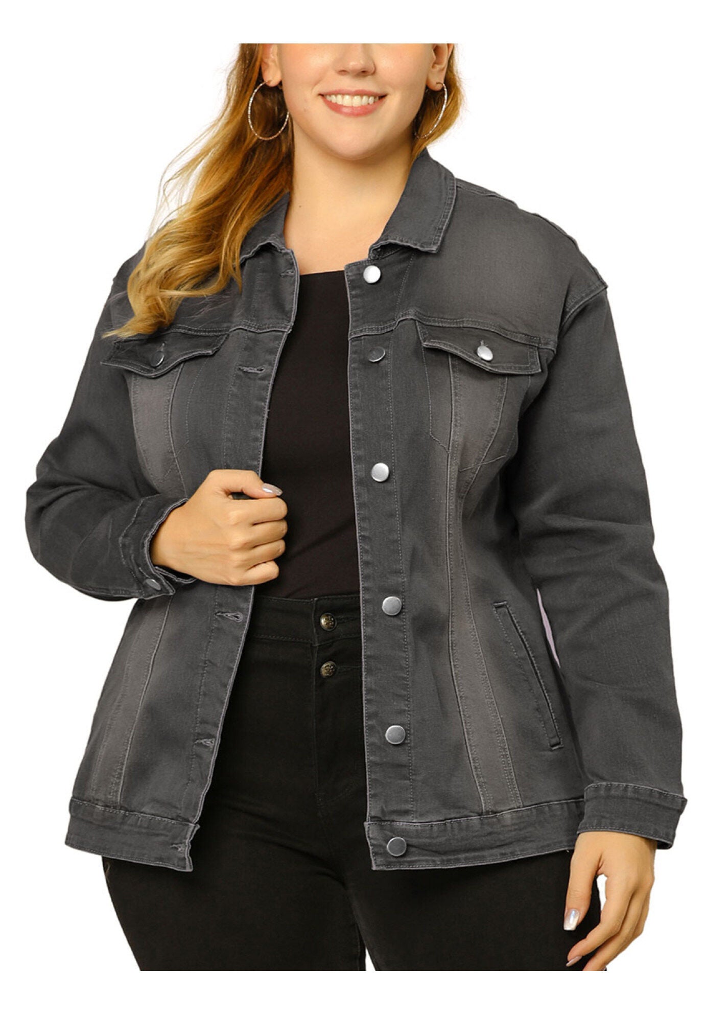 STITCHING BUTTON FRONT WASHED DENIM JACKET, Grey / Charcoal Grey, alternate image number 2