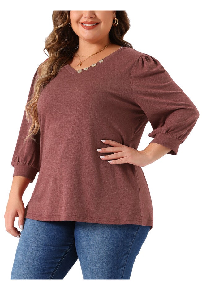 3/4 Sleeve V Neck Button Decor Blouse Shirt, Burgundy / Burgundy, alternate image number 1