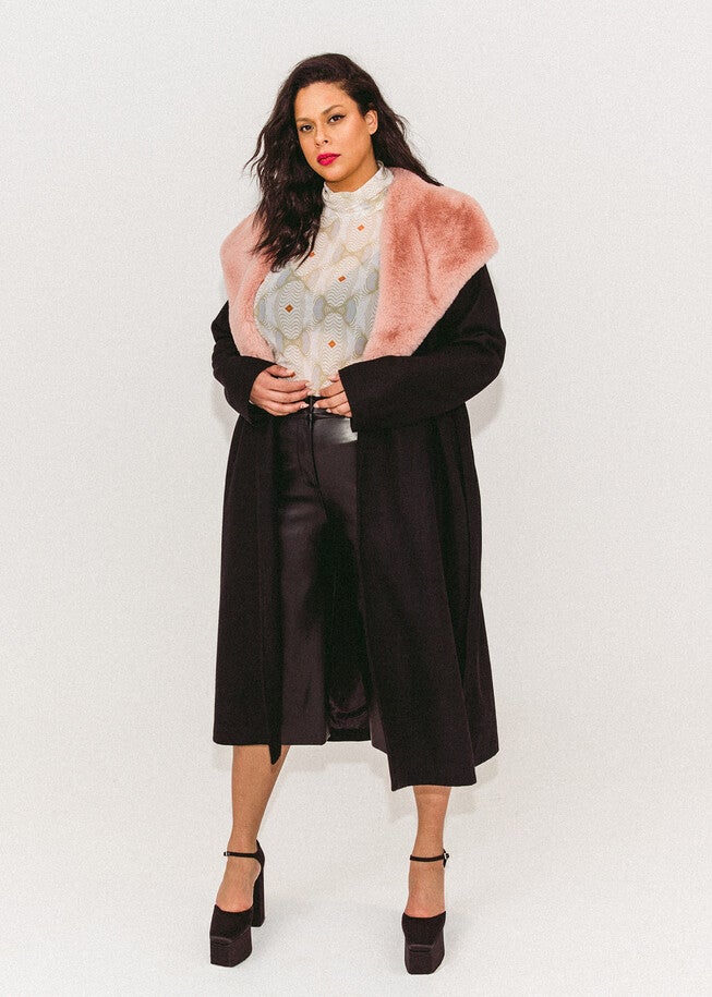Faux Fur Collar Wrap Coat, Black / Black, alternate image number null