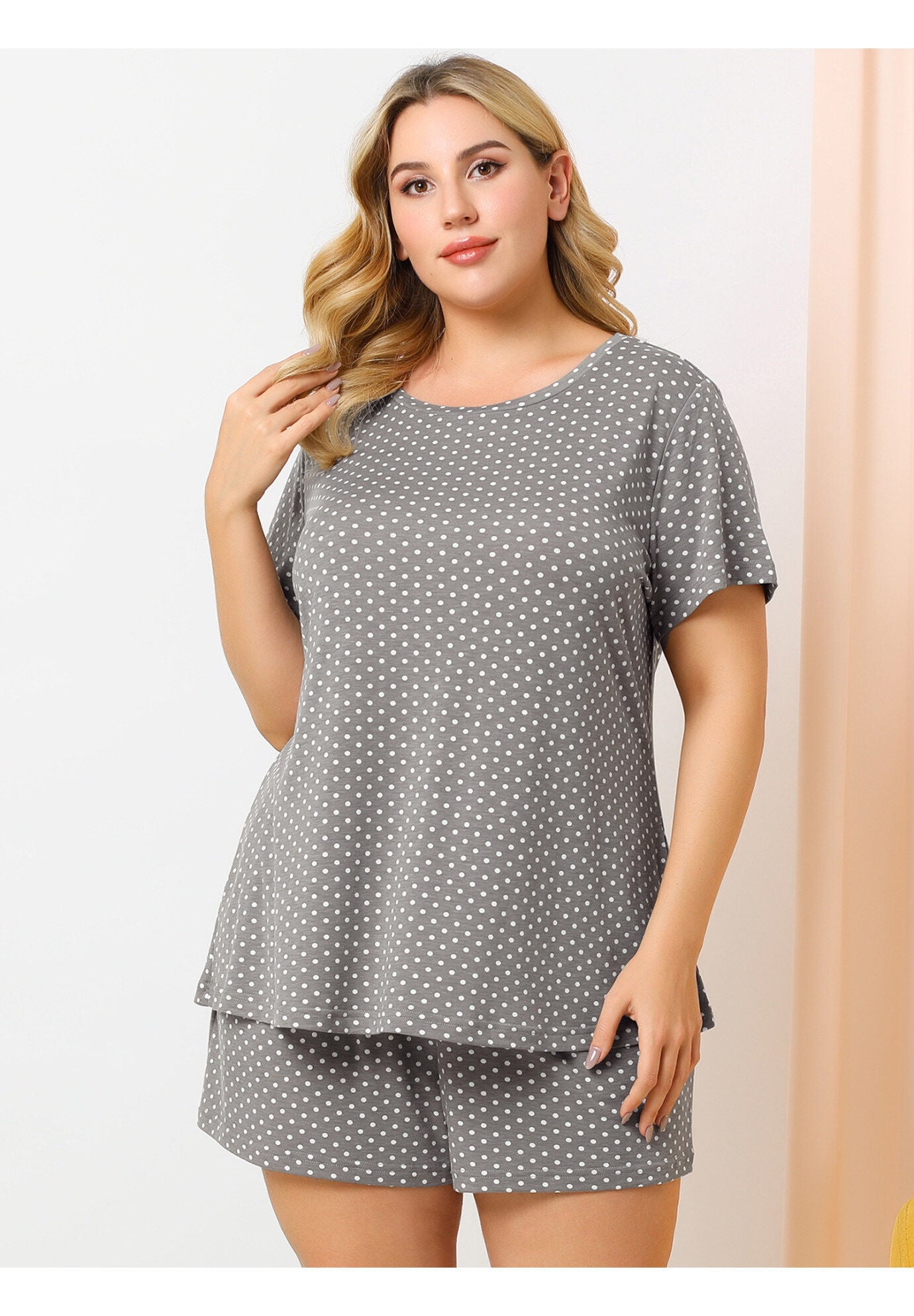 POLKA DOTS SLEEPWEAR PAJAMAS SET SHORT SLEEVE SHIRT AND SHORTS, Gray / Light Grey, alternate image number 3