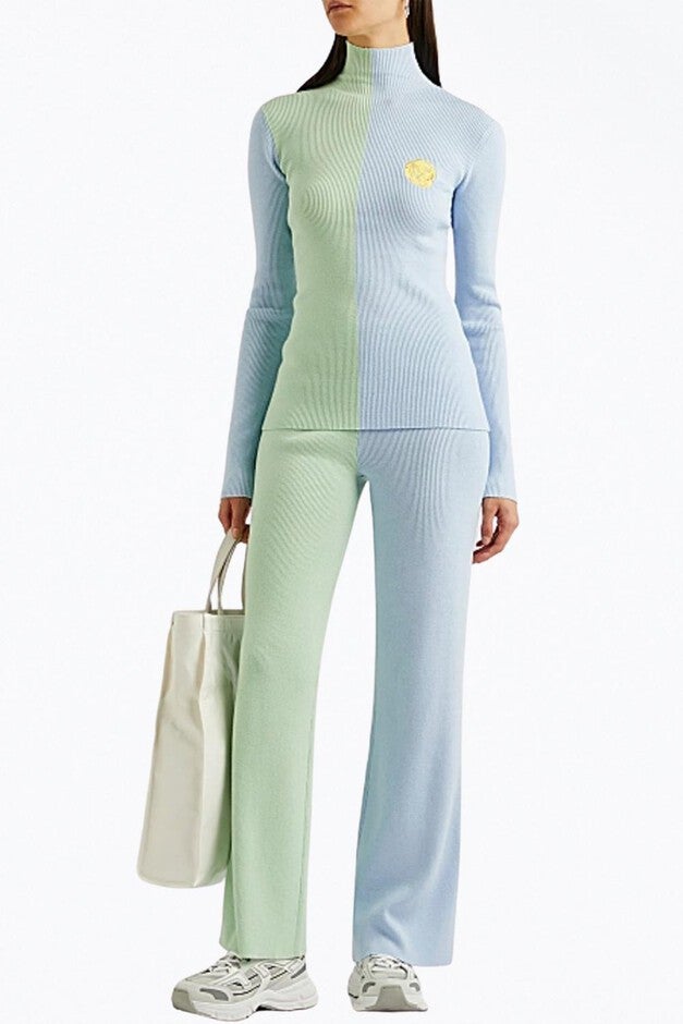 AWA RIBBED-KNIT STRAIGHT-LEG PANTS IN GREEN/BLUE, GreenBlue / Light Blue, alternate image number null