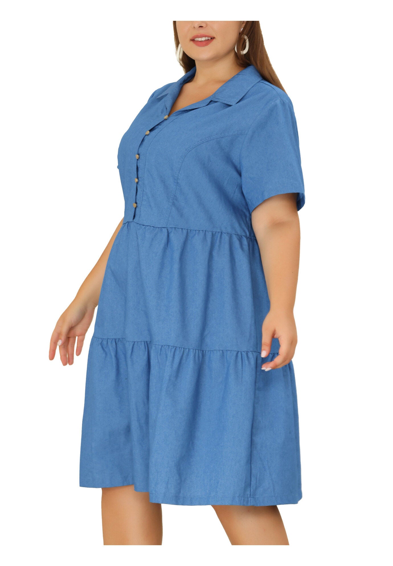 Short Sleeve Button Down Flowy Tiered Shirt Chambray Dress, Denim Blue / Chambray Denim Medium, alternate image number 2