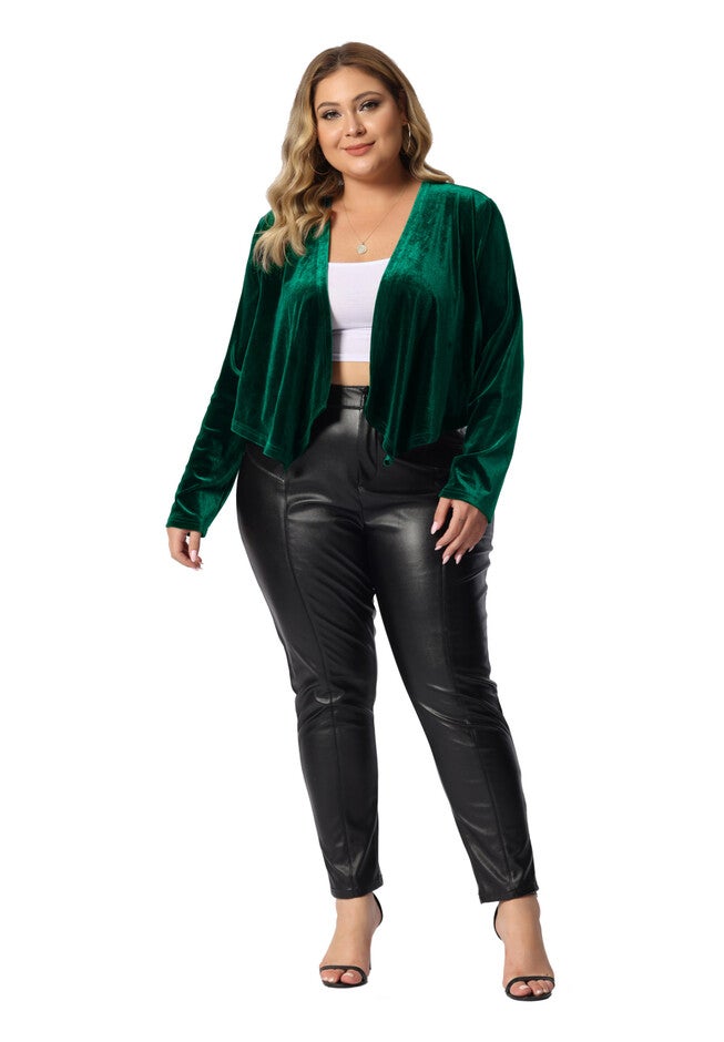 VELVET OPEN FRONT CROPPED JACKET CARDIGAN, Green / Forest Green, hi-res image number 0