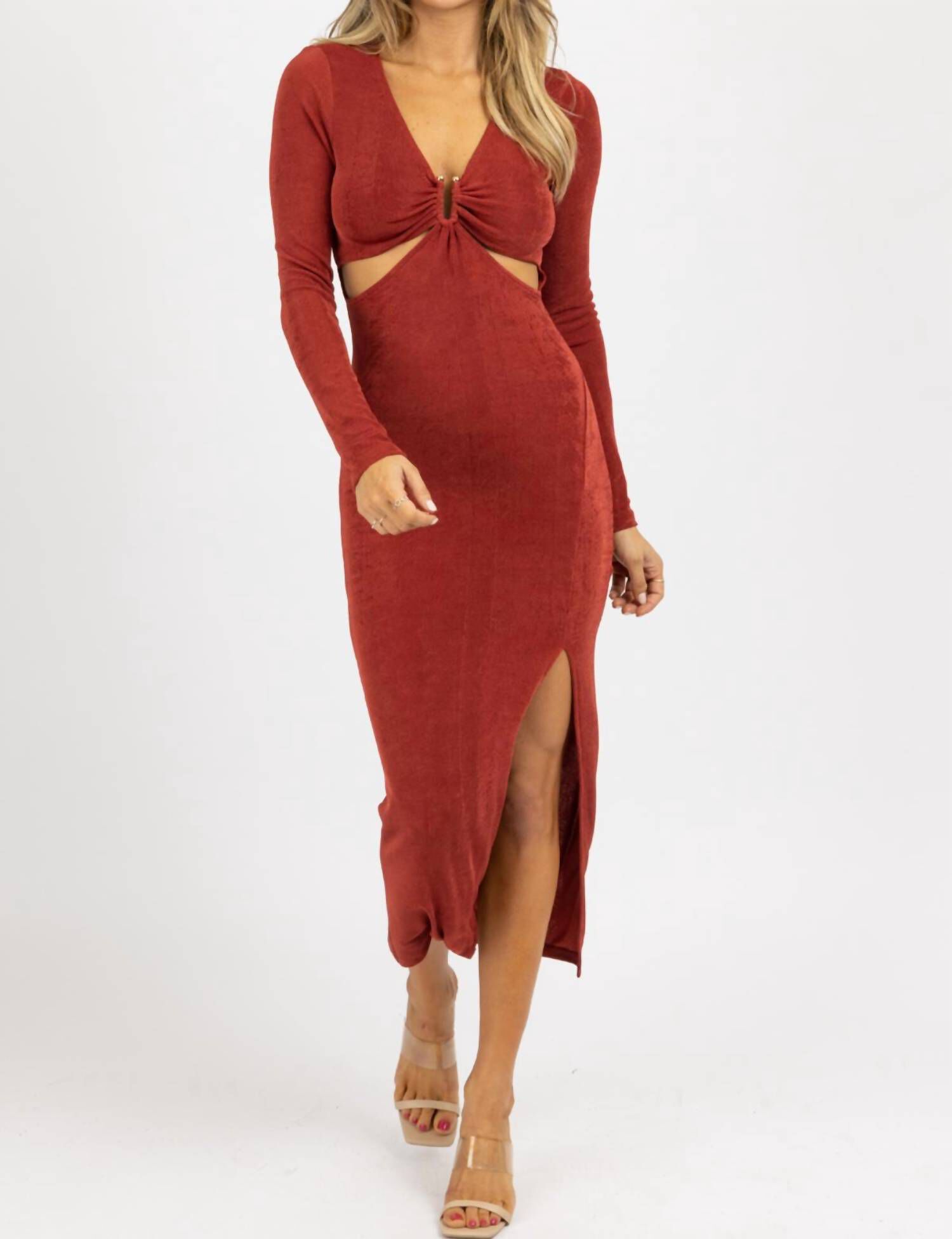 CUTOUT SLINKY SIDE SLIT MIDI DRESS IN WINE, Wine / Red, hi-res image number 0