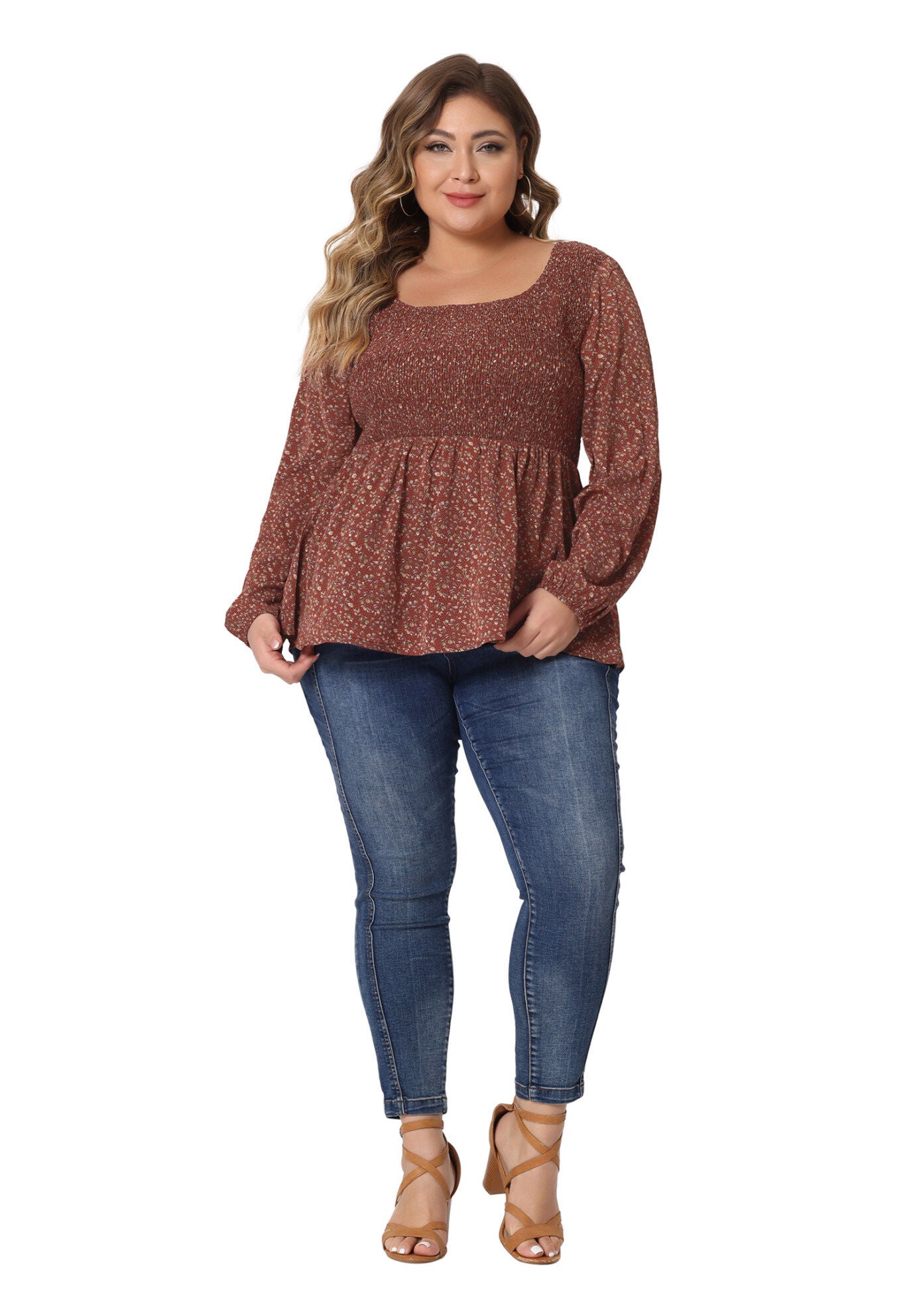 Floral Square Neck Smock Waist Peplum Top, Burgundy / Burgundy, hi-res image number 0