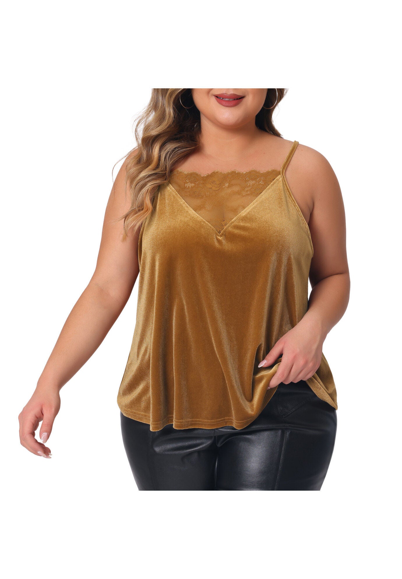 VELVET CAMI LACE DEEP V NECK SLEEVELESS TOP, Brown / Brown, alternate image number 3