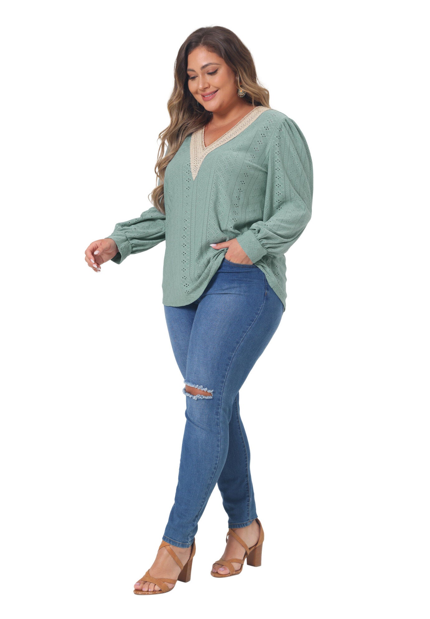 Lace V Neck Petal Long Sleeve Blouse Eyelet Hollow Top, Green / Mint, hi-res image number 0