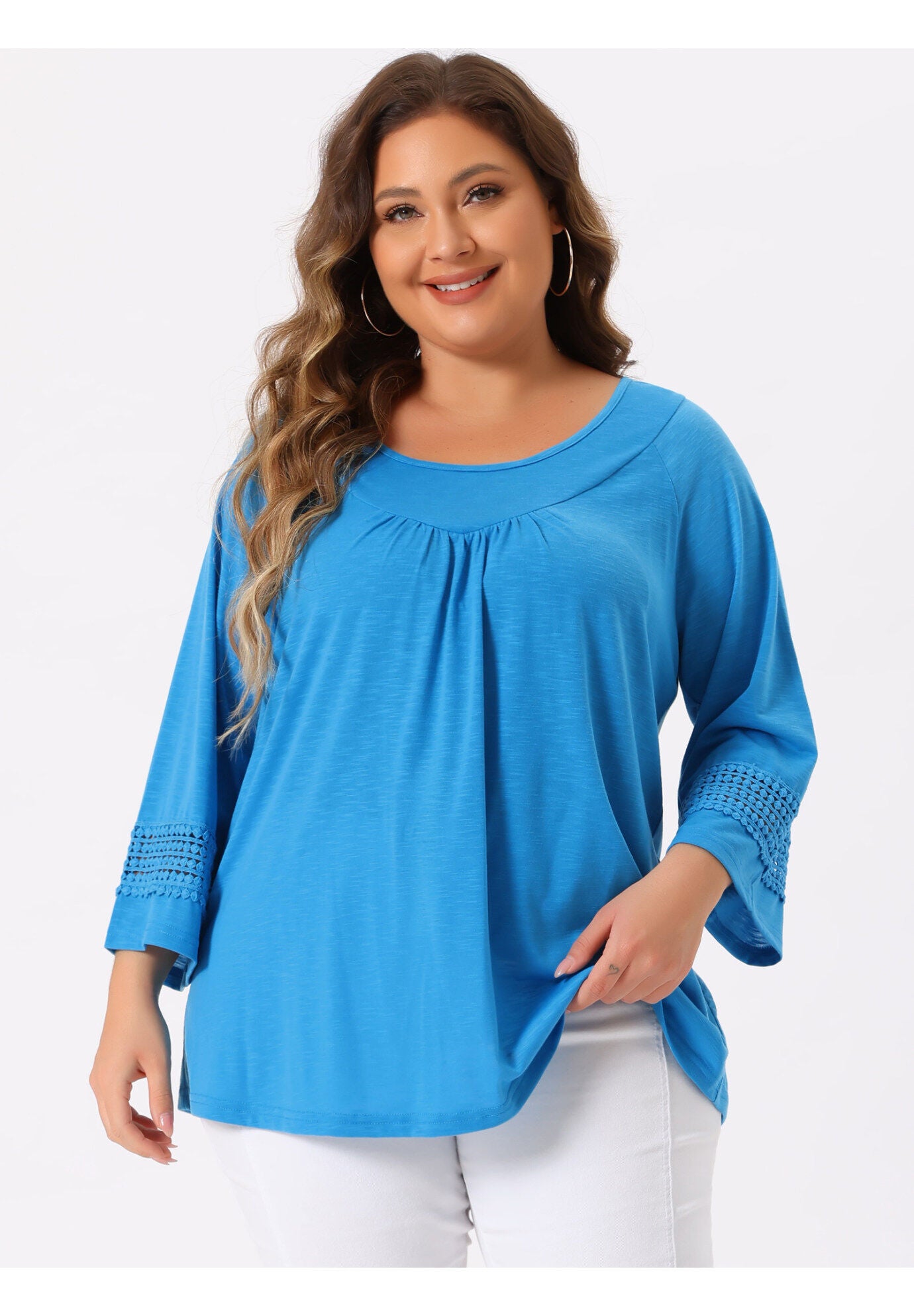 CROCHET PANEL HOLLOW OUT PLEATED TUNICS BLOUSE TOP, Sky Blue / Light Blue, alternate image number 4