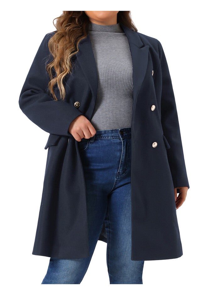 Double Breasted Notch Lapel Elegant Long Peacoat, Navy Blue / Navy, alternate image number 1