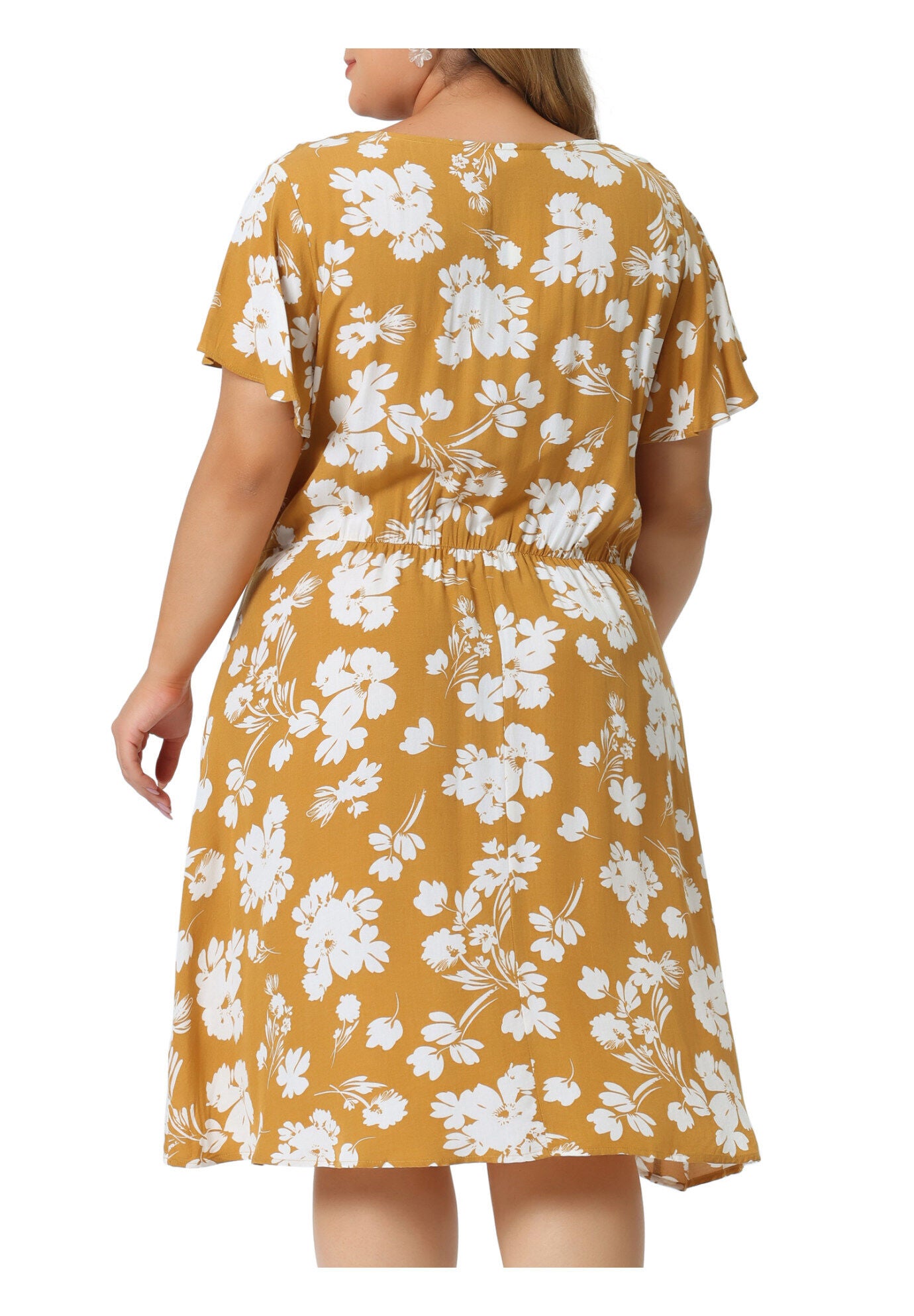 Summer V Neck Flare Sleeve Peplum Midi Ruffle Dress, Yellow / Yellow, alternate image number 4