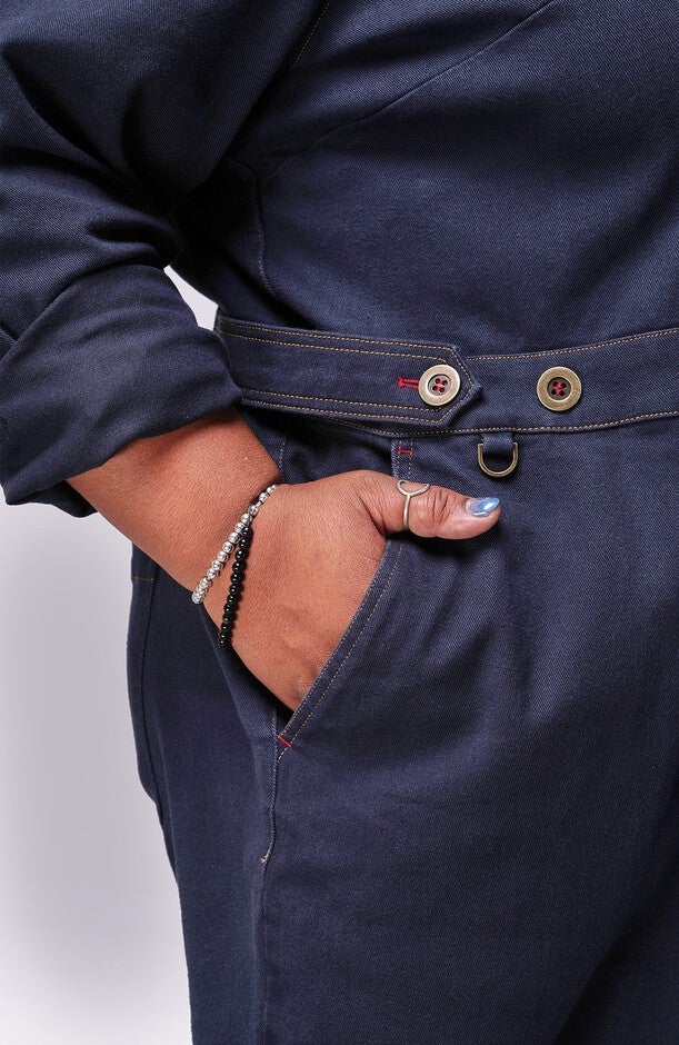 The Essential Denim Long Sleeve High Waisted Coverall, NAVY / Medium Wash, alternate image number 3