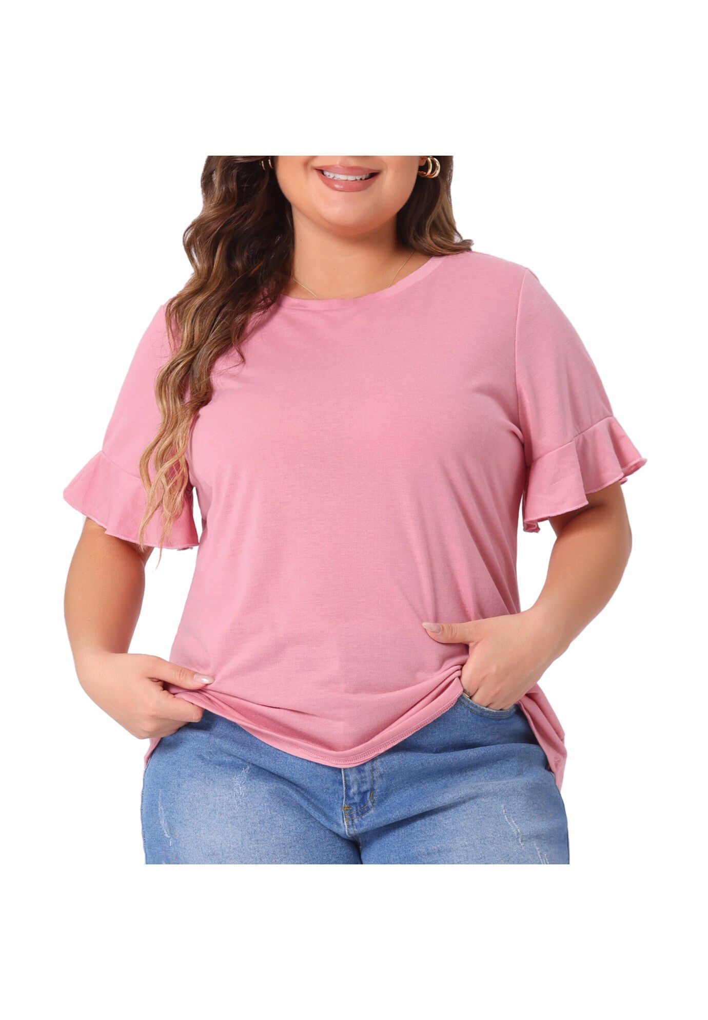 PLAIN CREW NECK RUFFLE SHORT SLEEVE TEE TOP, Pink / Pink, alternate image number 2