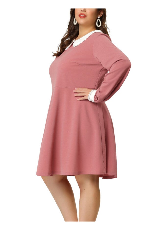 LONG SLEEVE DOLL PETER PAN COLLAR FLARE MIDI DRESS, Pink / Pink, alternate image number 3
