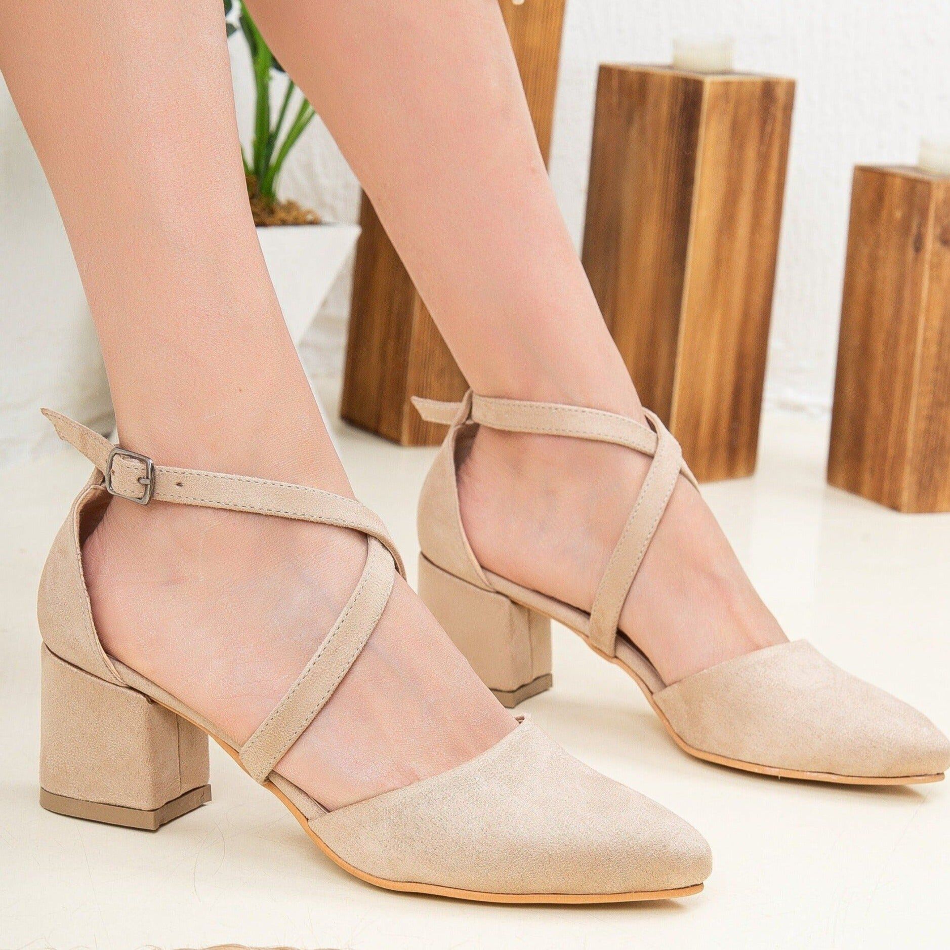 Dolly Low Block Heel Pumps, Beige Suede Faux Leather / Beige, alternate image number 1