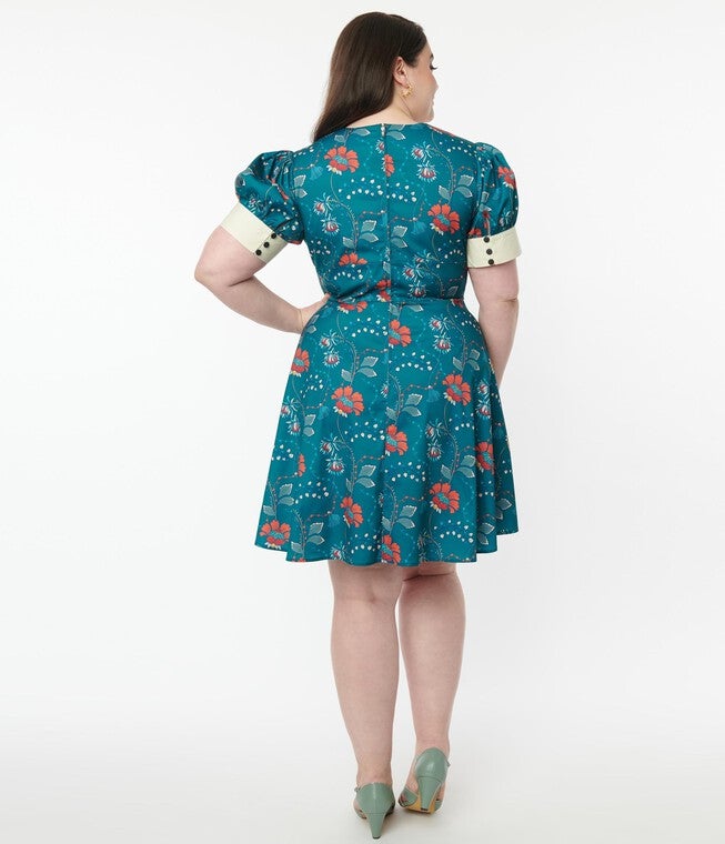 Unique Vintage Teal & Red Floral Chain Print Swing Dress, TealFloral / Teal, alternate image number 3